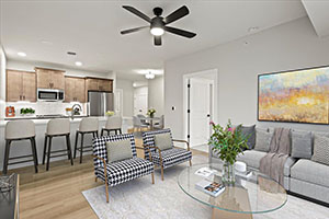 interior photo of Hawthorne apartment showing the furnished living room and kitchen