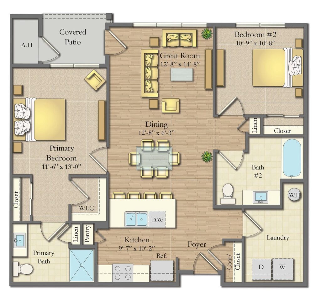 Devonshire 2 bedroom 2 bath floor plan at Parker Place in Fairport NY